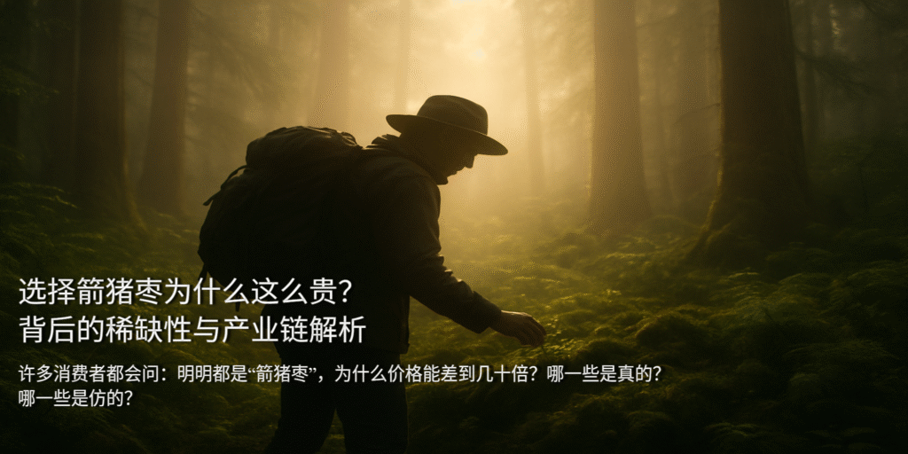 箭猪枣为什么这么贵?图片有这段话解释。有一个人在森林里寻找些什么。