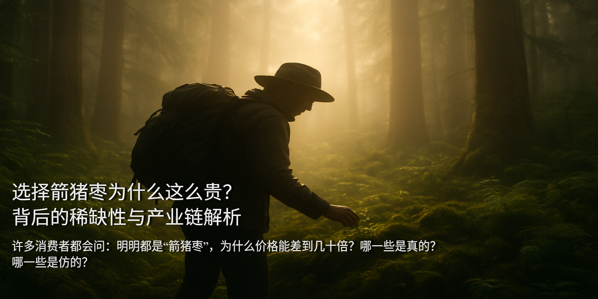 箭猪枣为什么这么贵？图片有这段话解释。有一个人在森林里寻找些什么。