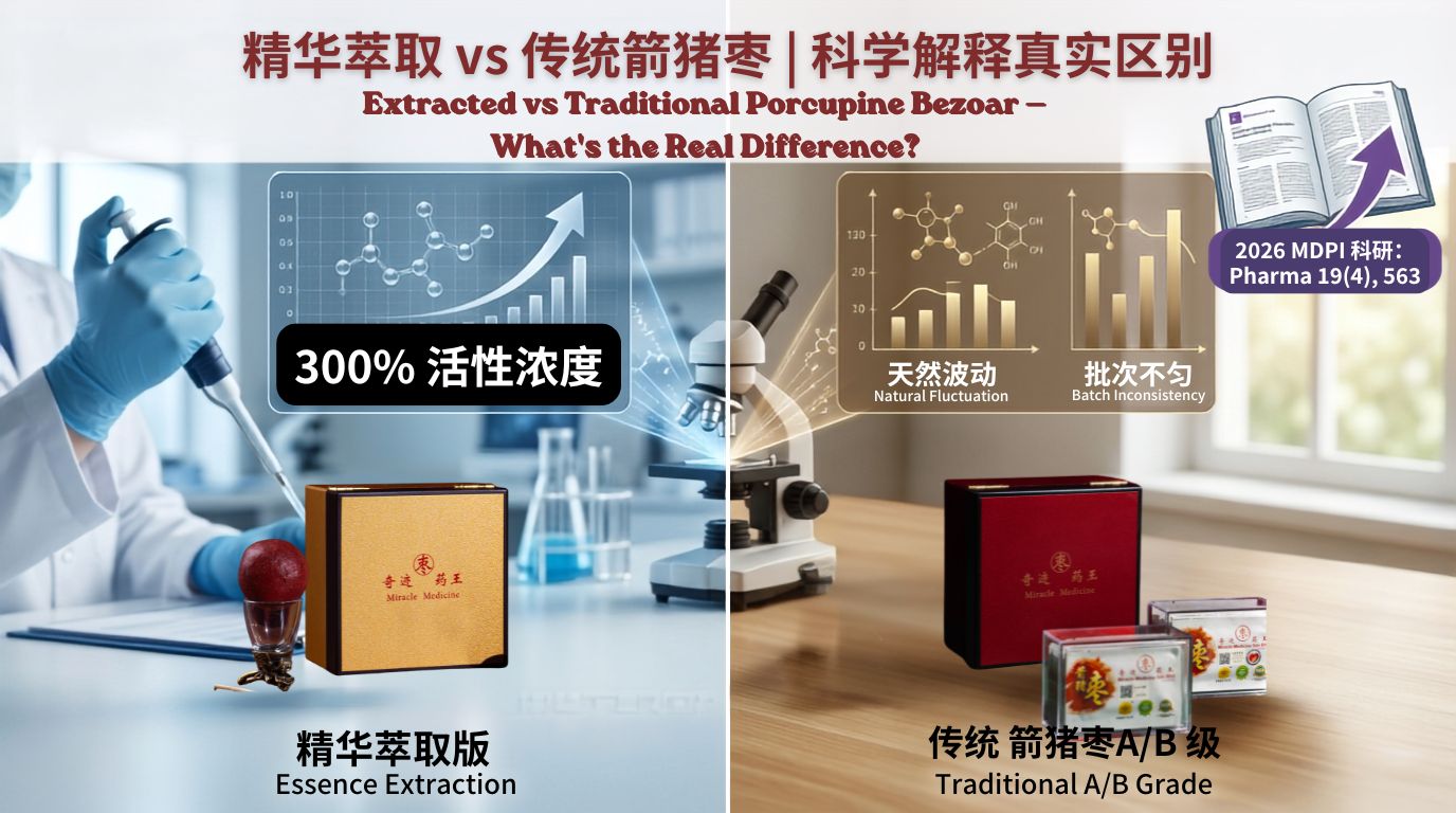 A split-screen infographic comparing Essence Extraction vs Traditional A/B Grade porcupine bezoar for a medical blog banner. The left side features a modern blue laboratory setting representing extraction with a 300% concentration graph. The right side features a traditional warm setting with raw porcupine bezoar stones and charts showing natural fluctuations.