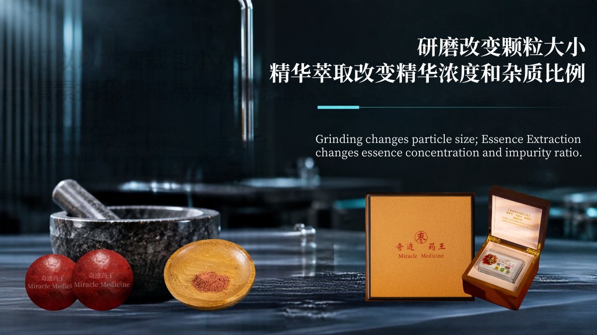 箭猪枣研磨粉示意图，旁边摆放奇迹药王精华萃取版产品