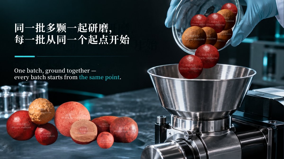 多颗大小和颜色不同的箭猪枣倒进同一个研磨容器