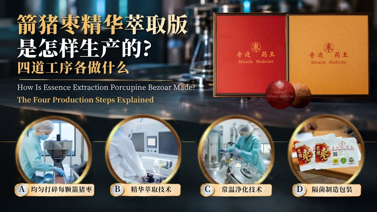 奇迹药王箭猪枣精华萃取版的四道生产工序图，四张照片分别是均匀打碎、精华萃取、常温净化和隔菌包装